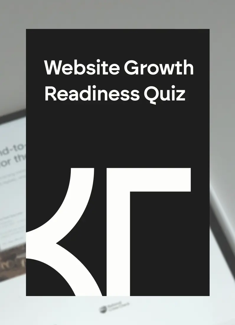 Black square with white text saying Website Growth Readiness Quiz and modern white geometric design elements.