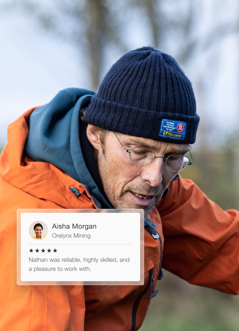 Man wearing glasses, a navy blue beanie, and an orange jacket outdoors with a testimonial from Aisha Morgan saying Nathan was reliable, skilled, and a pleasure to work with.