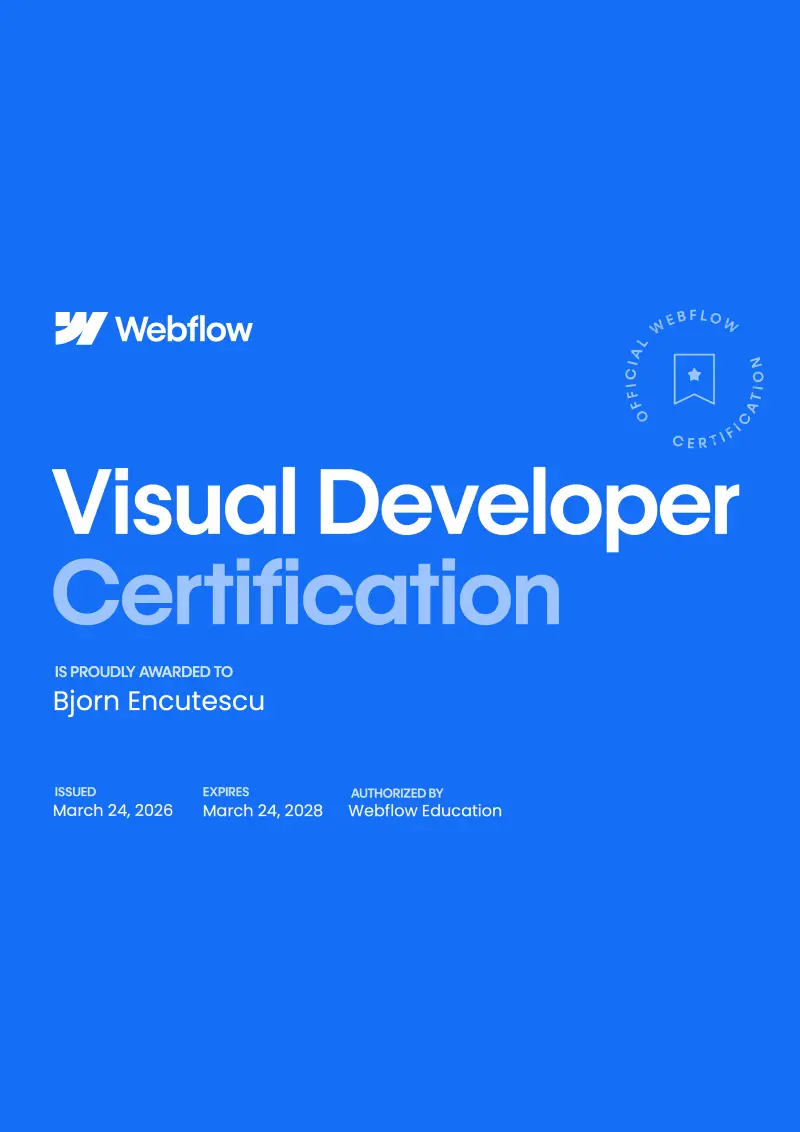 Webflow Visual Developer Certification awarded to Bjorn Encutescu, issued March 24, 2026, expires March 24, 2028, authorized by Webflow Education.