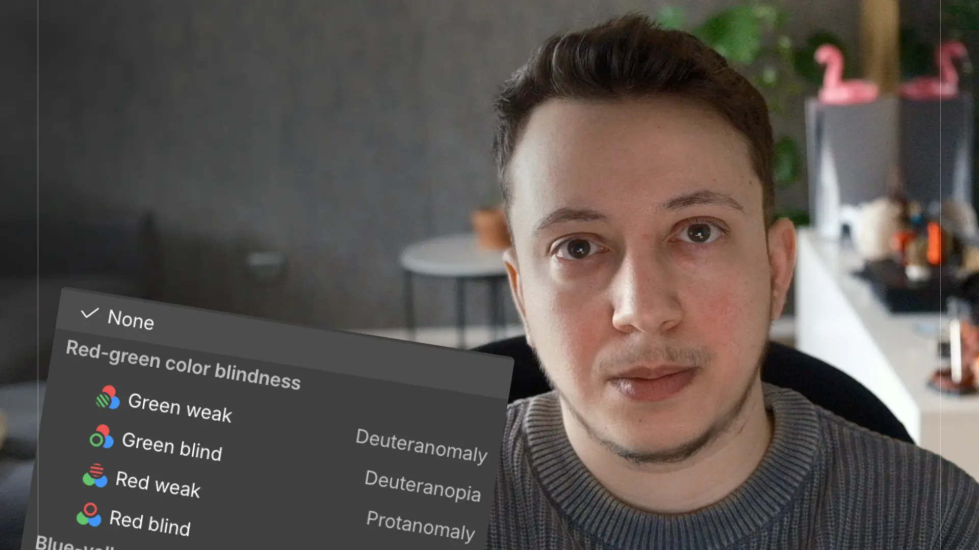 Close-up of a man with short hair and a green sweater in a modern room with plants, overlaid with text 'Complete SEO & AEO Webflow setup' and a partial screenshot of a Webflow interface.
