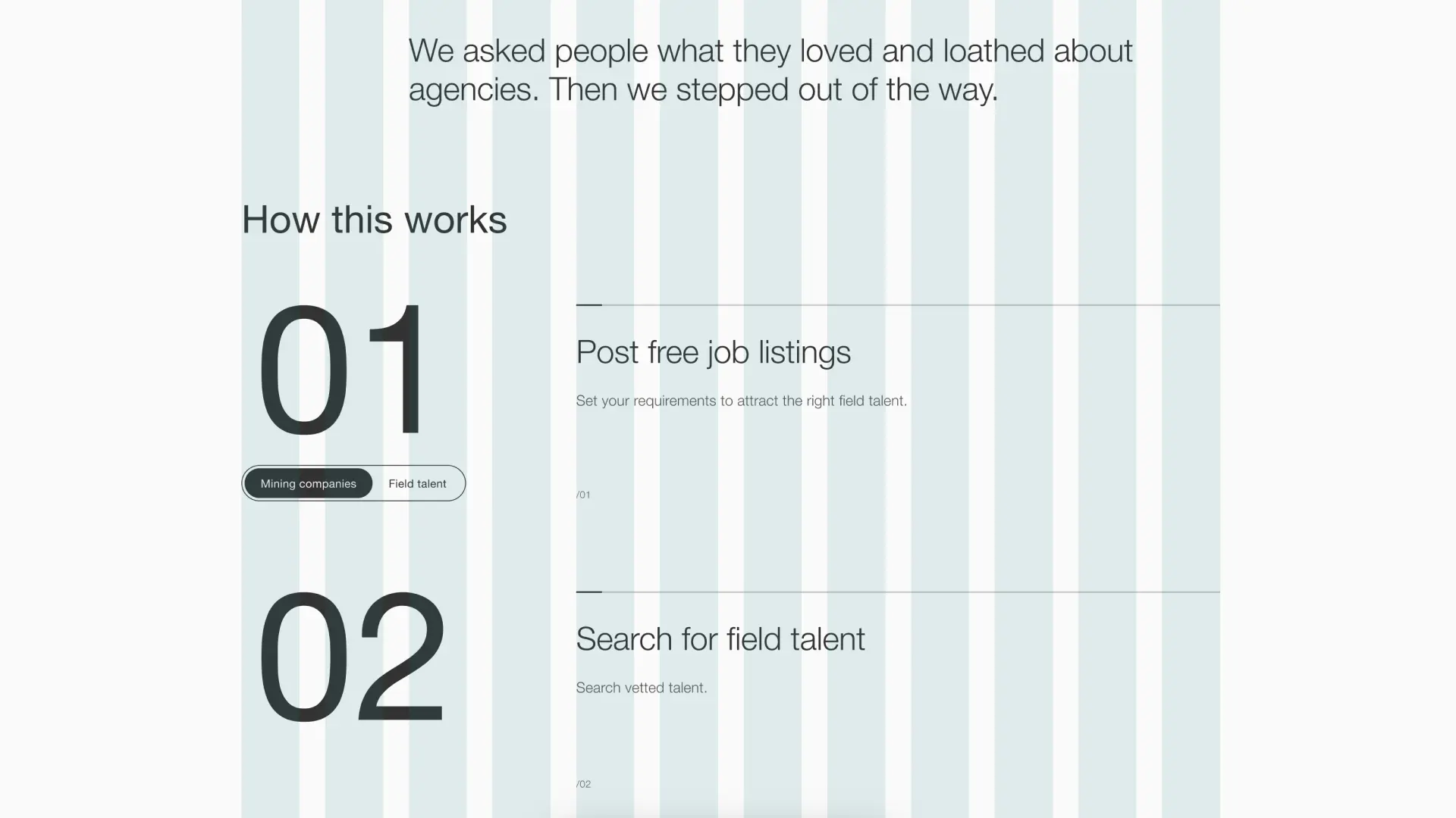 Steps explaining how to post free job listings and search for field talent for mining companies.