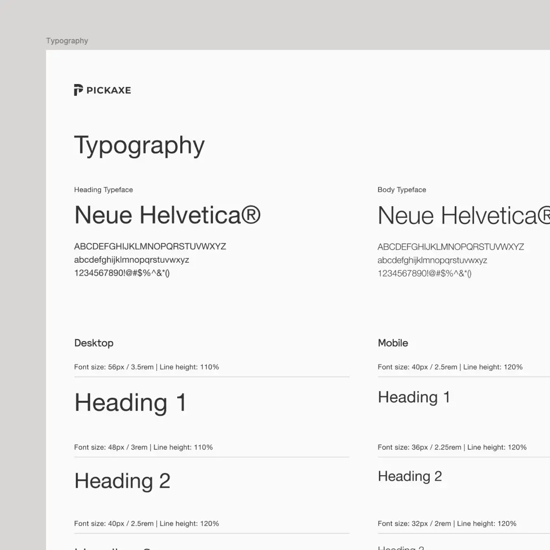 Typography guide showing Neue Helvetica font for headings and body on desktop and mobile with sizes and line heights.