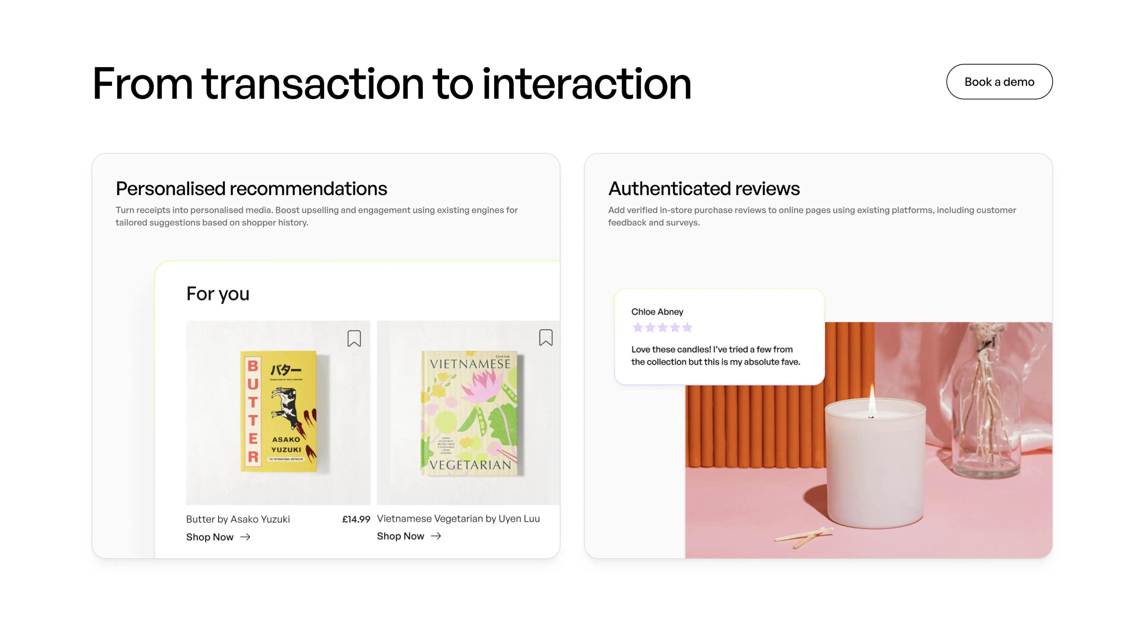 Two panels showing personalized book recommendations and an authenticated candle review with five stars.