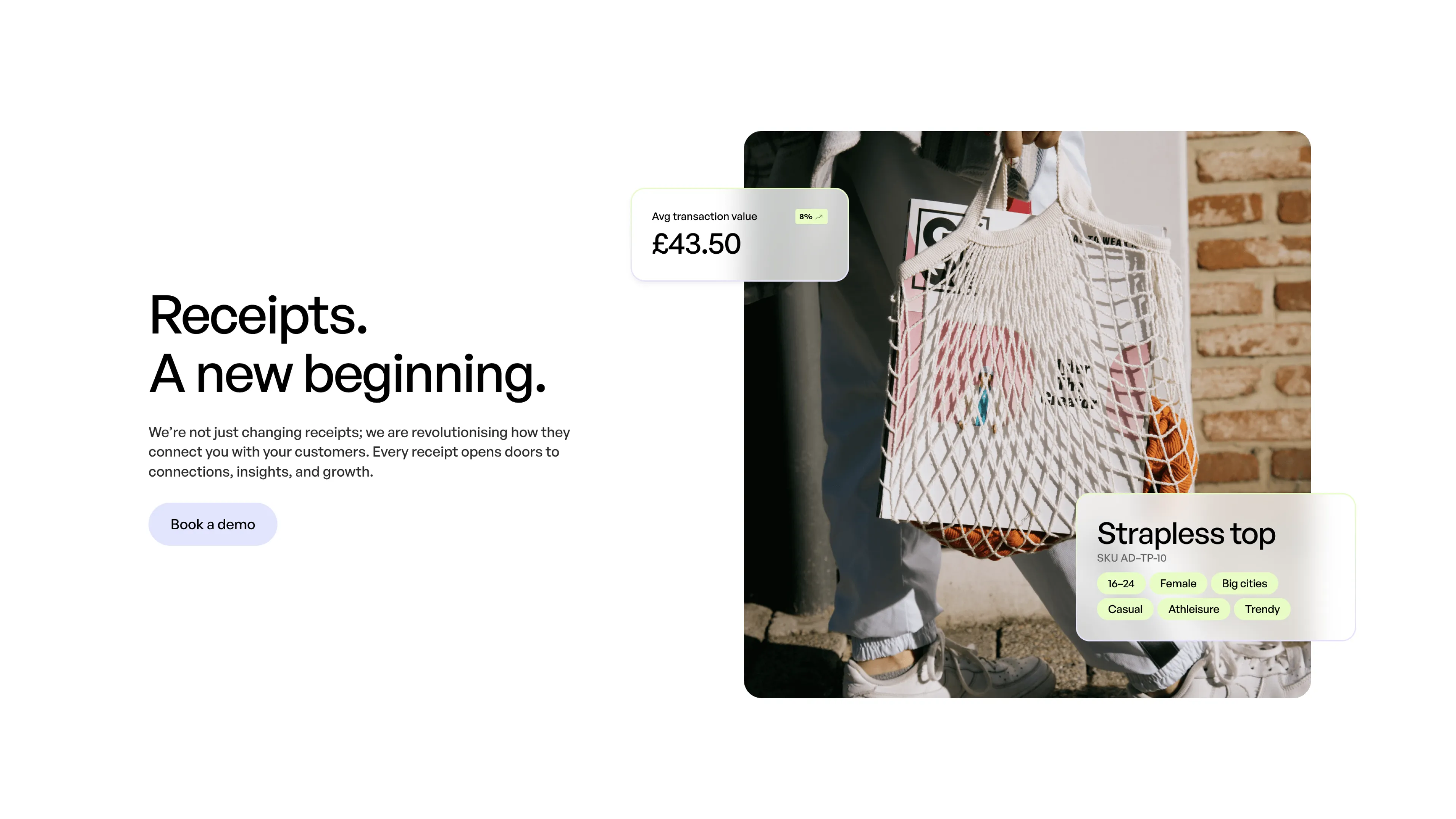 Person holding a net bag with items; text on left about receipts revolutionizing customer connections.
