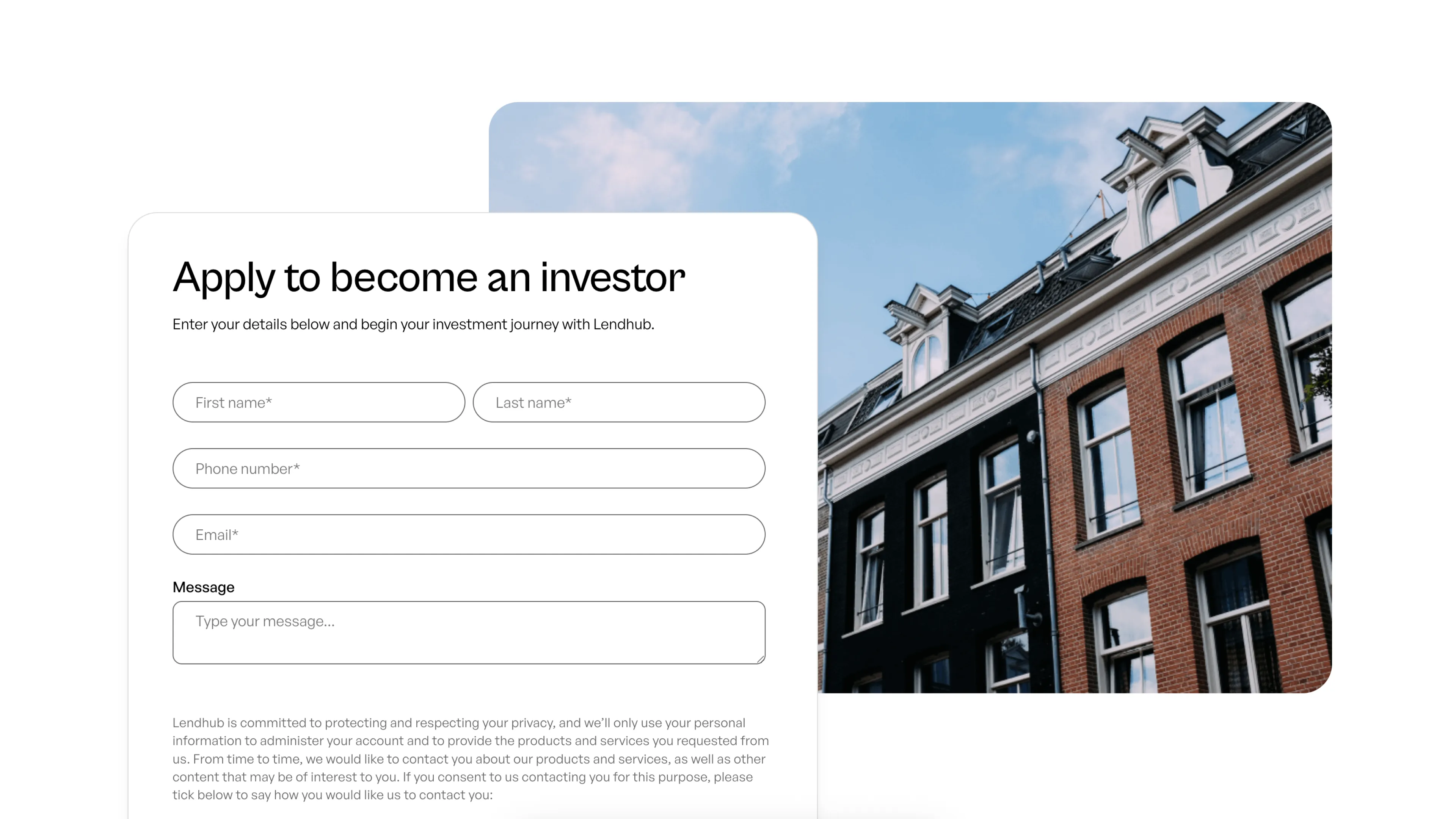 Investment application form with fields for name, phone, email, and message alongside a photo of brick townhouses.