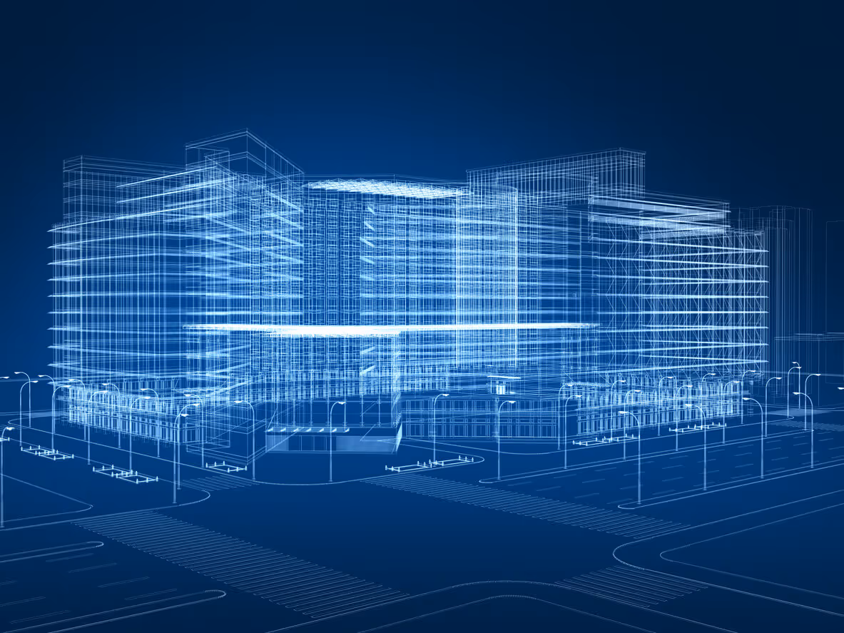 Wireframe blueprint of a modern multi-story building complex