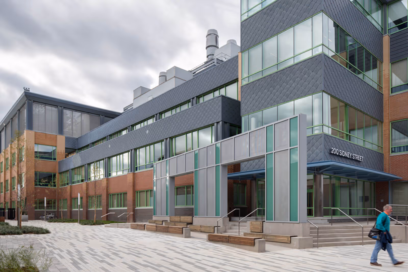Modern office building with glass and brick facade at 200 Sidney Street