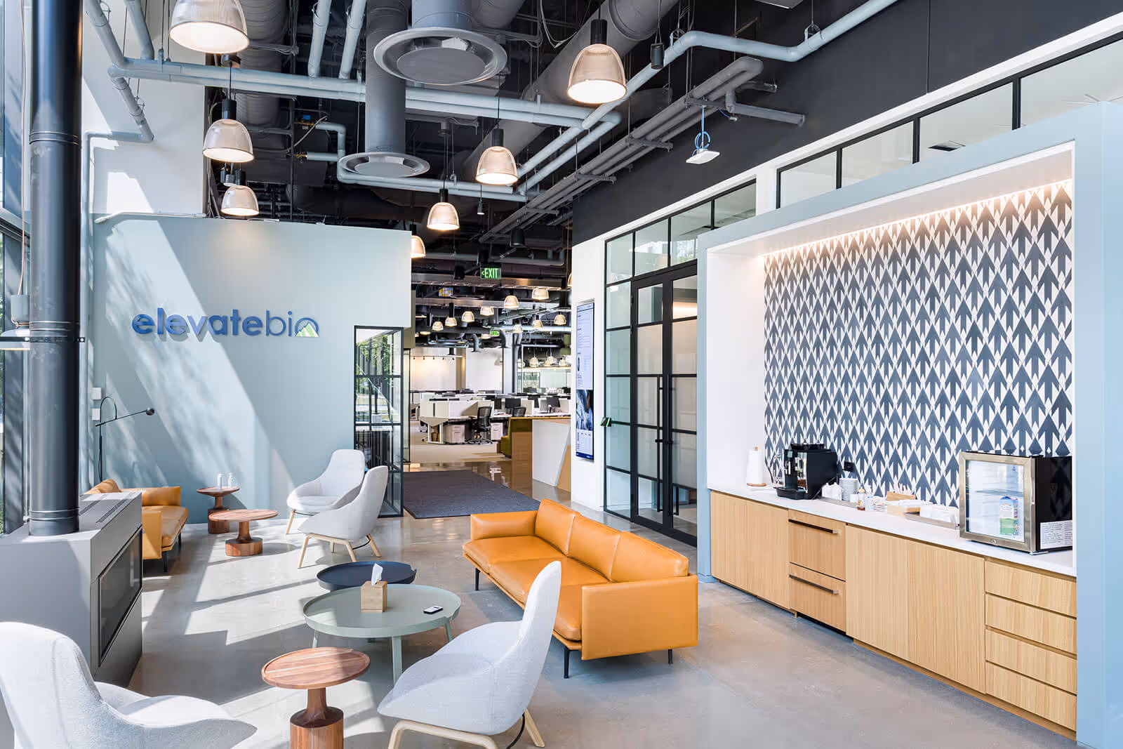 Modern Elevate Bio office interior with orange leather furniture and pendant lights