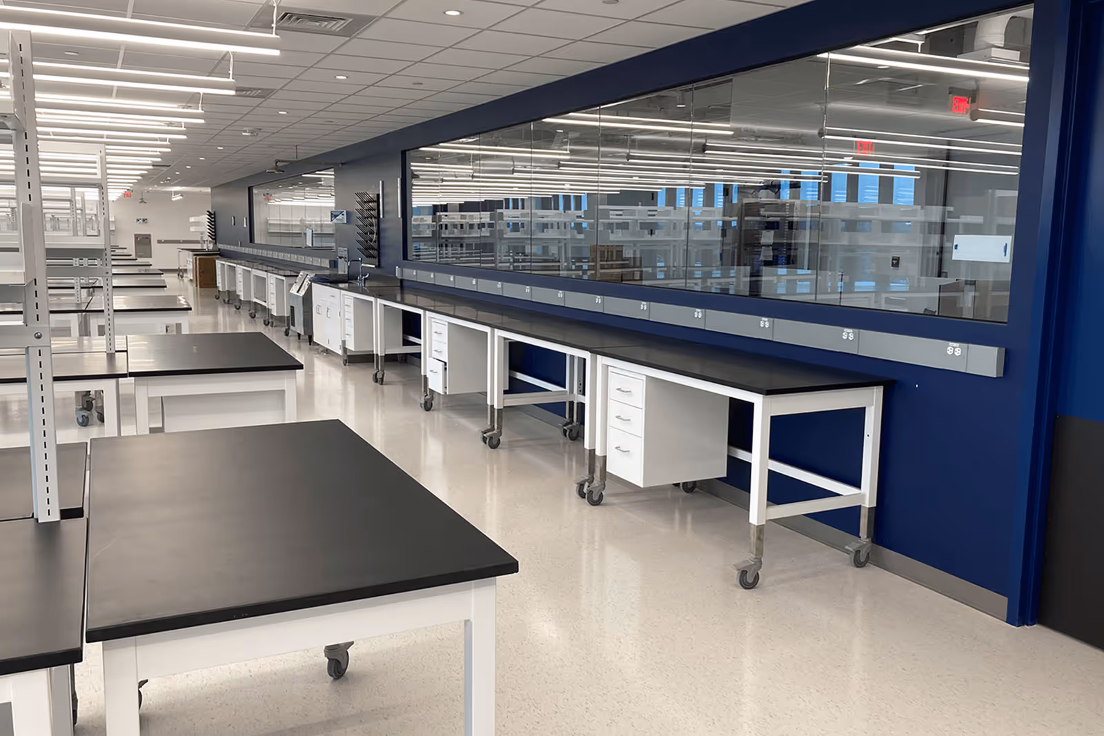 Modern laboratory with white and blue walls, mobile workstations, and glass partition