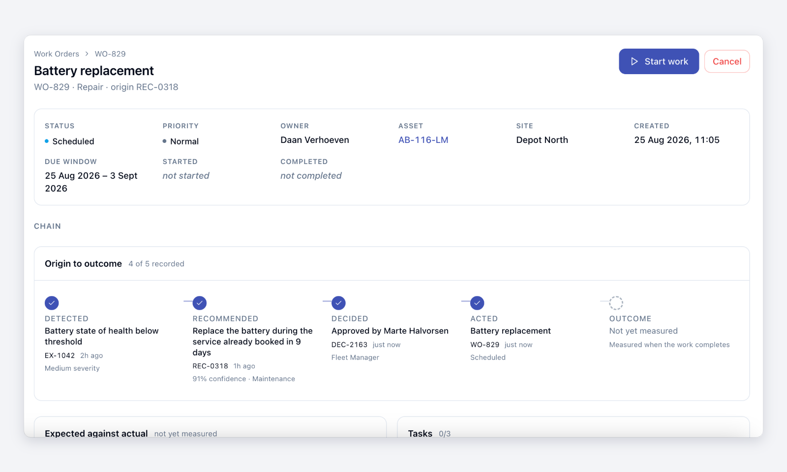 LISA Work Order showing the operational chain from detected issue to recommendation, decision, action and outcome