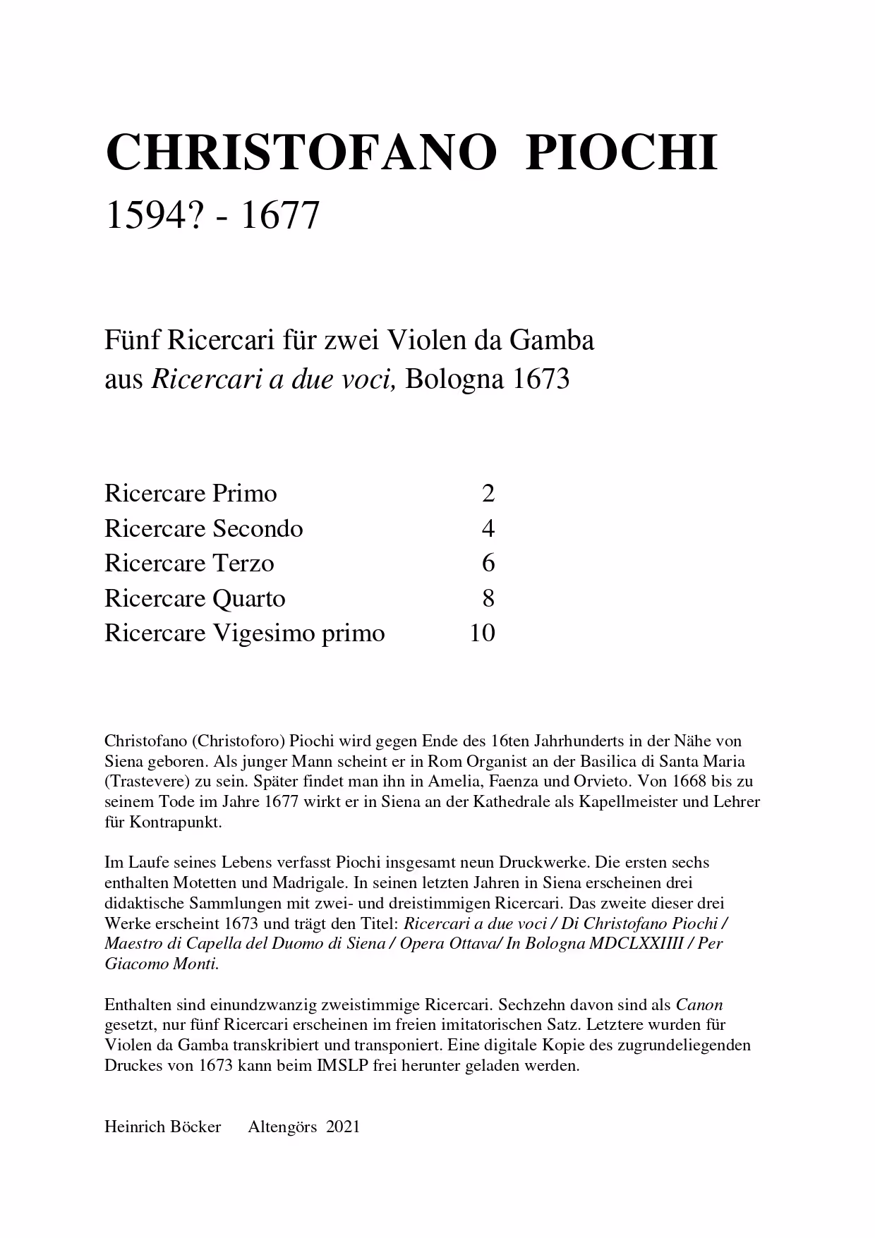 Christofano Piochi – 5 Ricercari