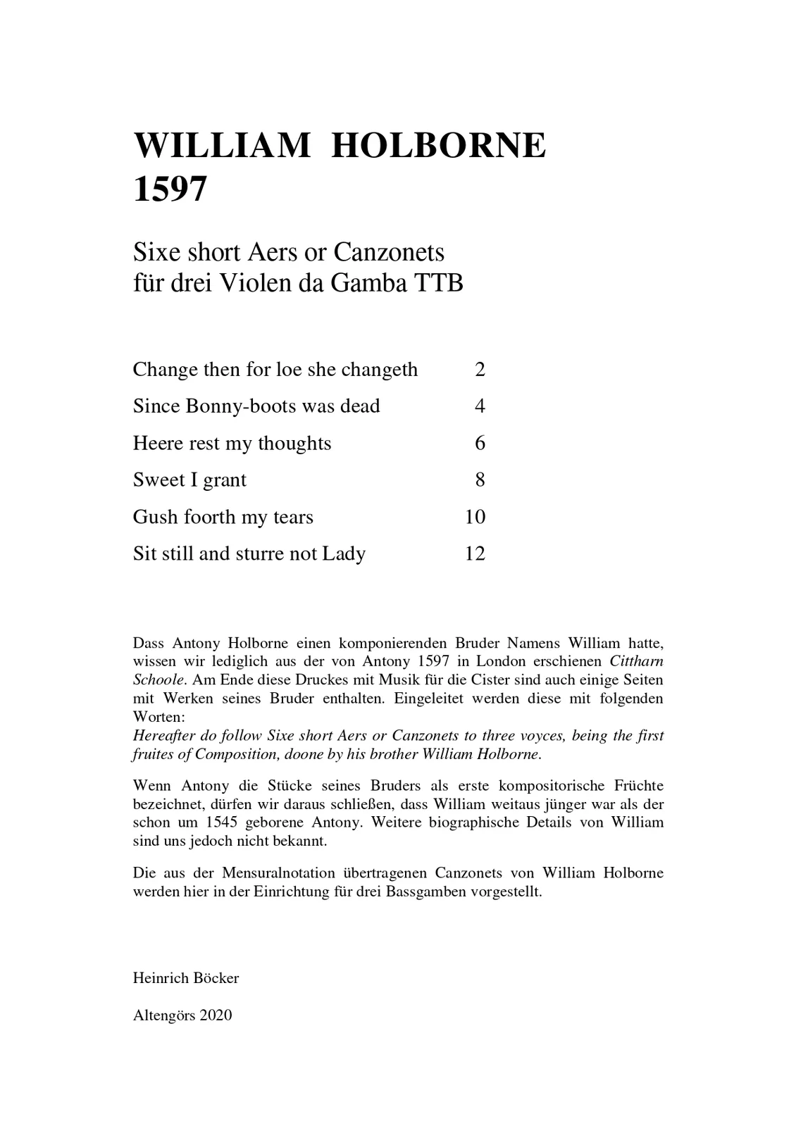 William Holborne - 6 Canzonets