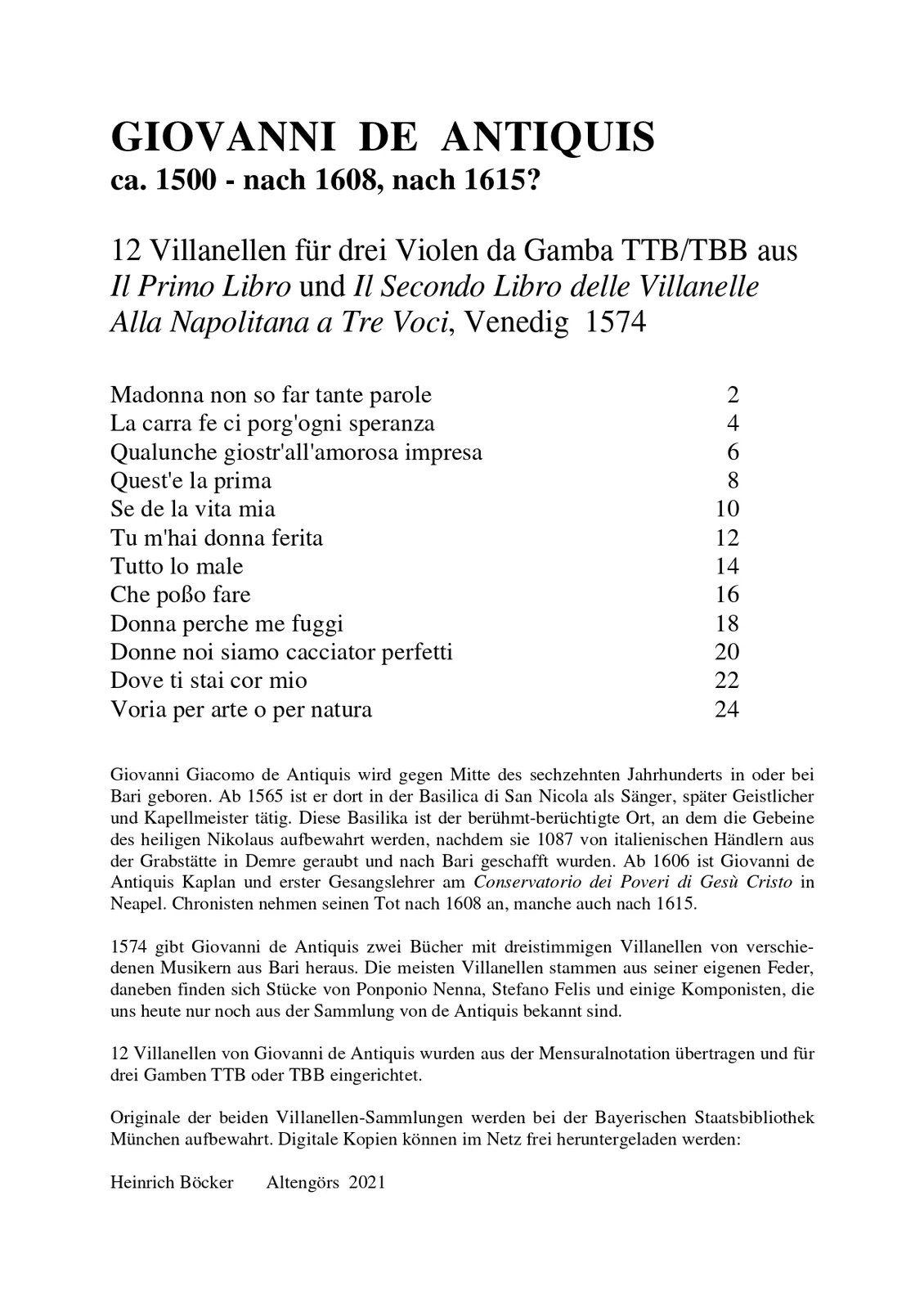 Giovanni de Antiquis - 12 Villanellen
