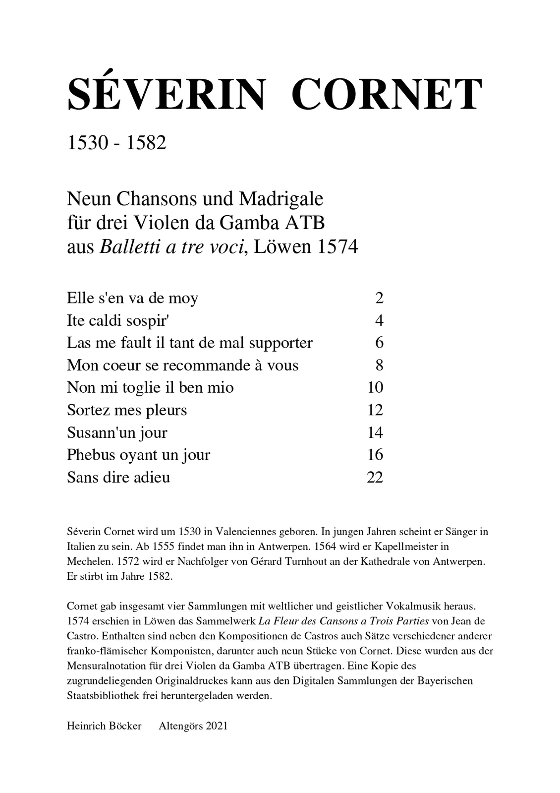 Severin Cornet - 9 Chansons  und Madrigale