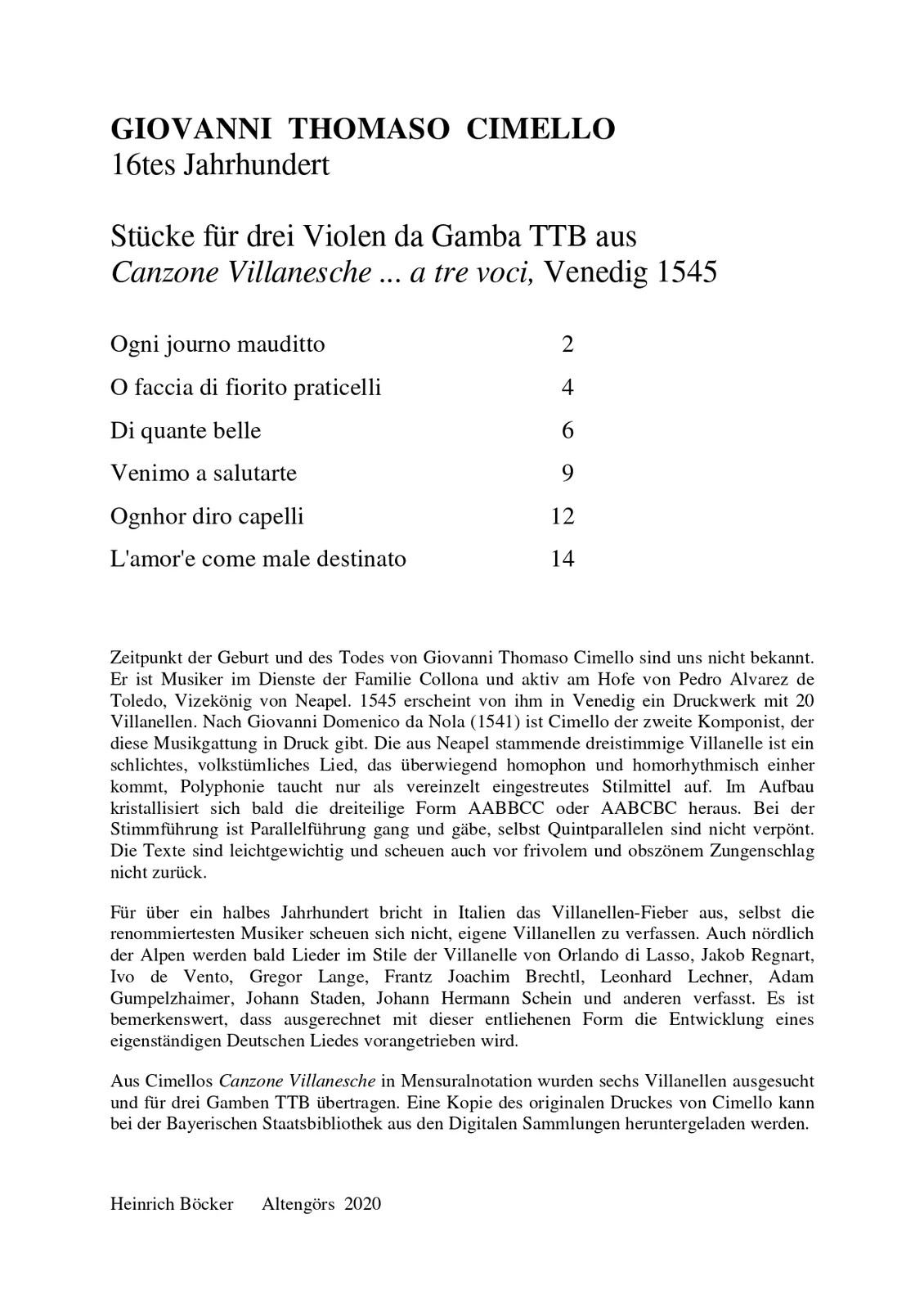 Giovanni Thomasa Cimello - 6 Canzone Villanesche