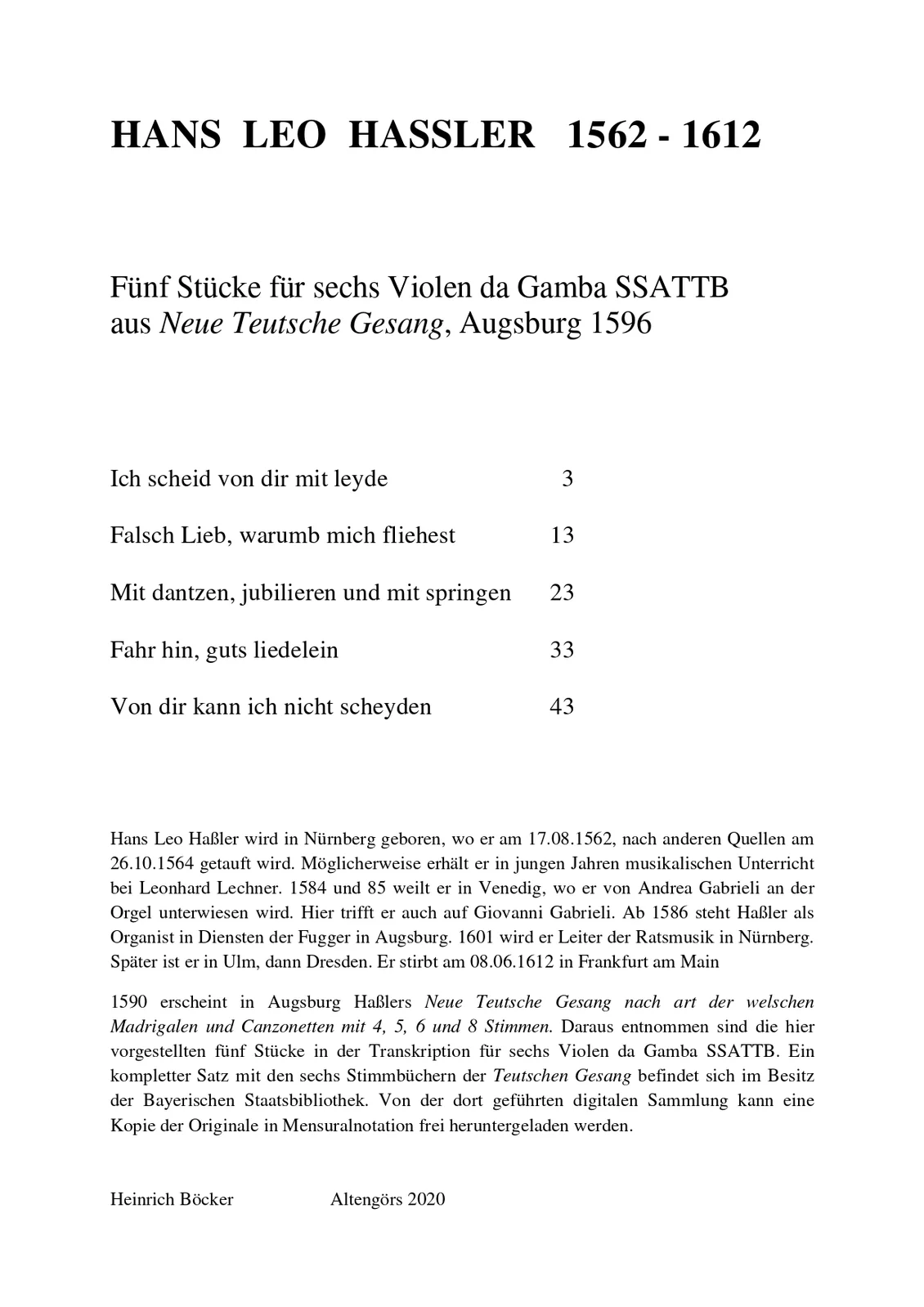 Hans Leo Haßler - fünf Teutsche Gesang