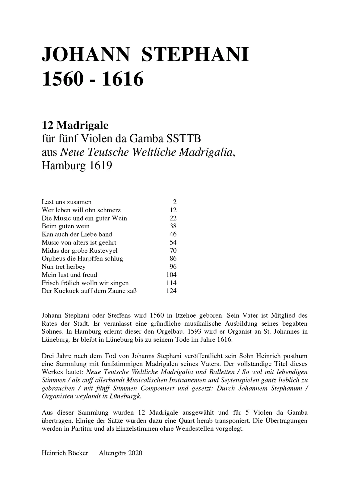 Johann Stephani - 12 Madrigalia