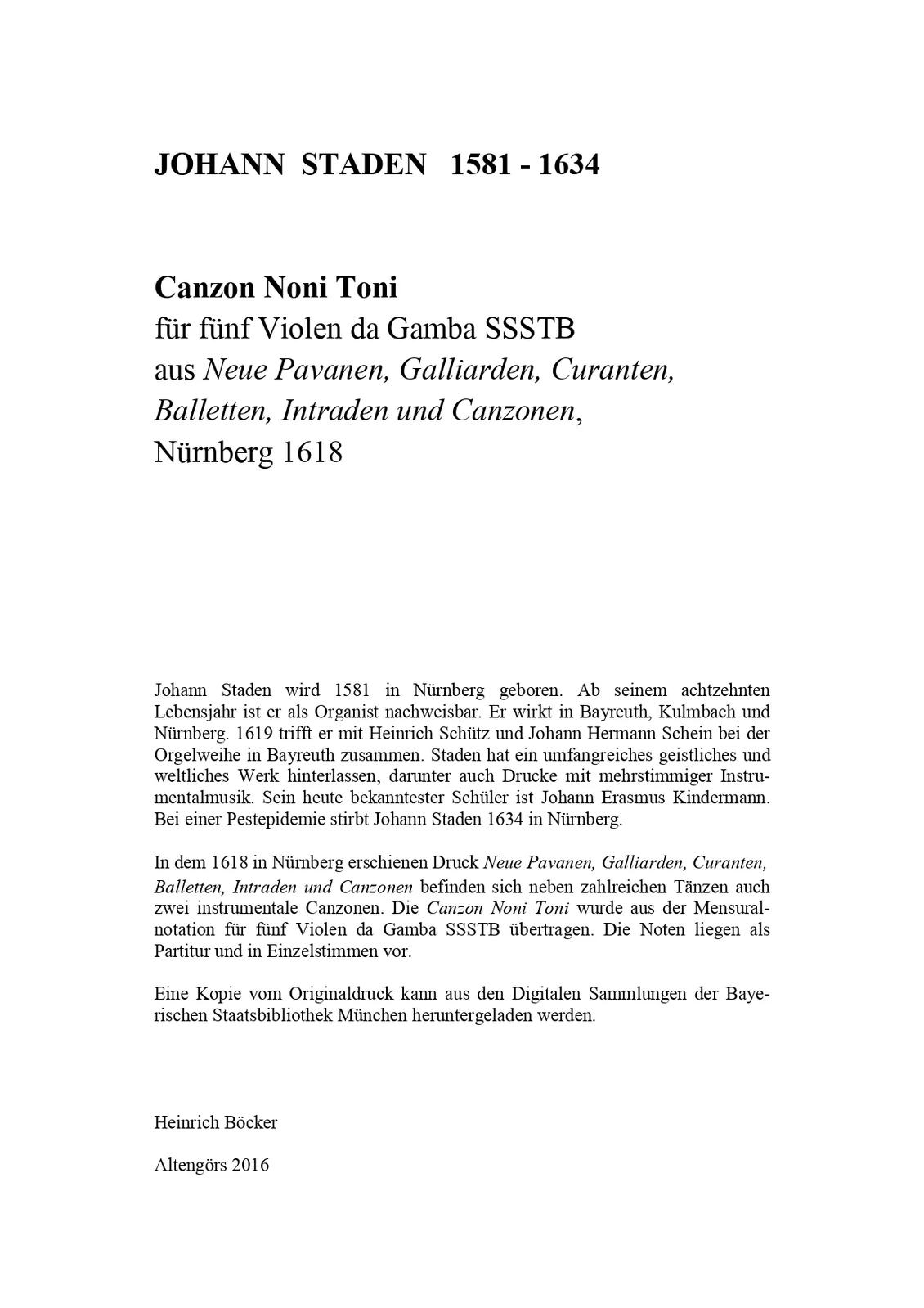 Johann Staden - Canzon Noni Toni