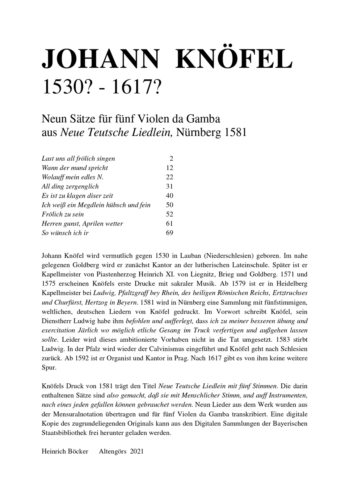Johann Knöfel - Neun Teutsche Liedlein