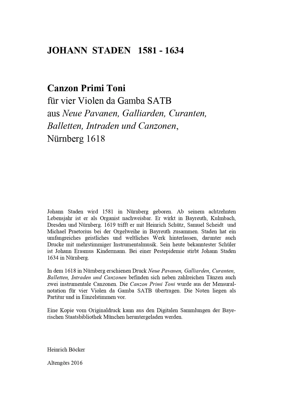 Johann Staden - Canzon primi Toni