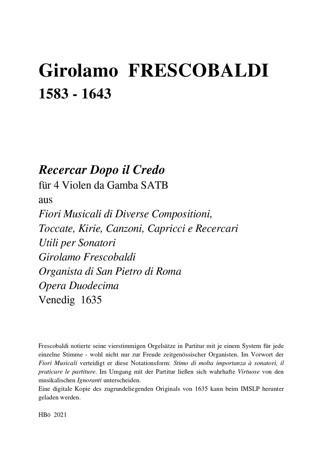 Frescobaldi - Recercar Dopo il Credo