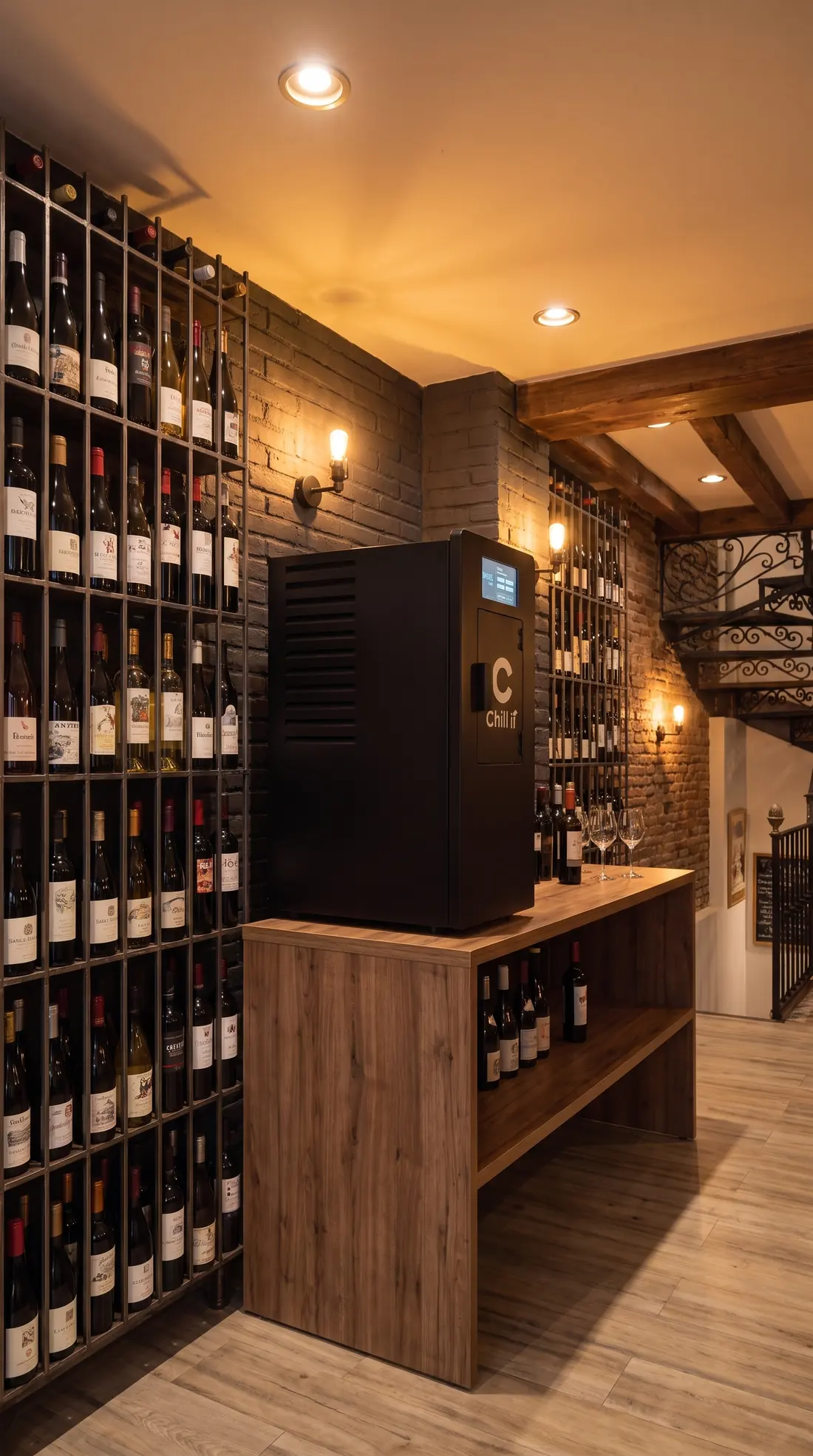 Chill it en una cava de vinos con pared de botelleros y escalera de caracol