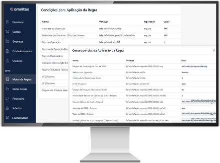 Monitor de computador exibindo a interface do software fiscal Omnitax. A tela mostra a funcionalidade "Motor de Regras", com duas tabelas sobrepostas: "Condições para Aplicação da Regra" e "Consequências da Aplicação da Regra", que detalham parâmetros, variáveis e valores para configuração.