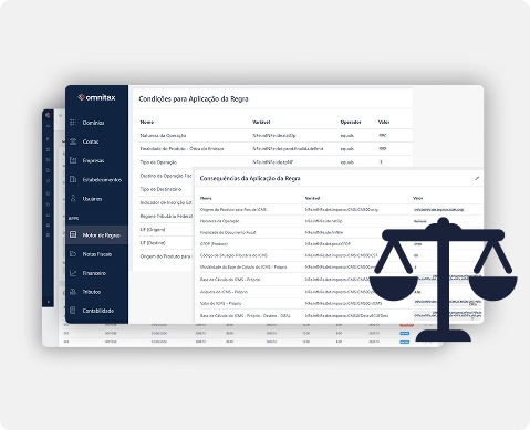 Composição gráfica da interface do software fiscal Omnitax. Telas sobrepostas exibem a funcionalidade "Motor de Regras", com tabelas para configuração de "Condições" e "Consequências". Um ícone de balança da justiça azul escuro sobrepõe-se à direita, simbolizando conformidade legal e fiscal.