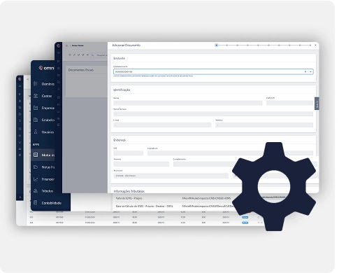Interface de um software de gestão fiscal mostrando a tela para 'Adicionar Documento', com menus de navegação ao fundo e um grande ícone de engrenagem azul sobreposto, simbolizando automação e configuração.