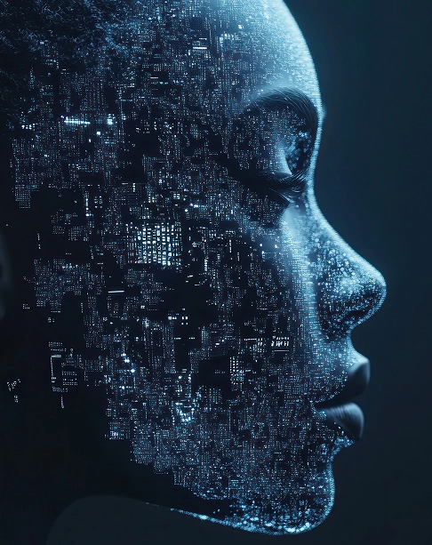Retrato artístico de um rosto em perfil, onde a pele é formada por uma complexa e intrincada rede de circuitos digitais que brilham em tons de azul sobre um fundo escuro. A imagem funde a forma humana com a tecnologia, evocando conceitos de inteligência artificial, cibernética e identidade digital.