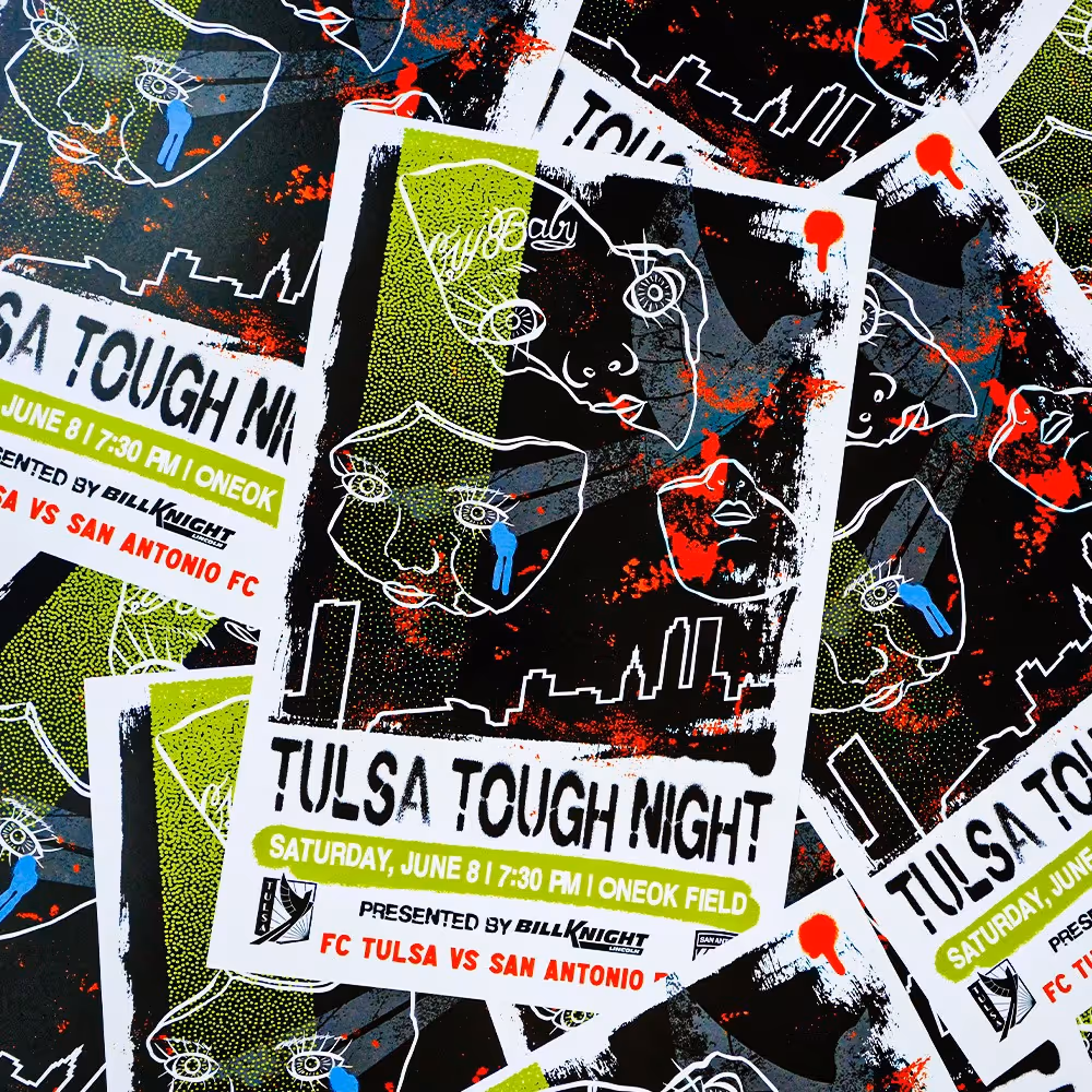 Stack of event posters featuring Tulsa Tough Night and layered face art in neon green, red, and black.