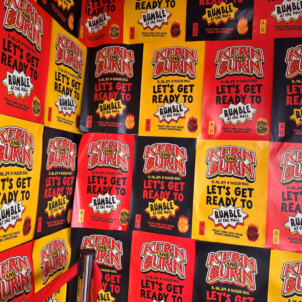 Wall of Kern and Burn 2024 event posters promoting Rumble at the Hall design competition.
