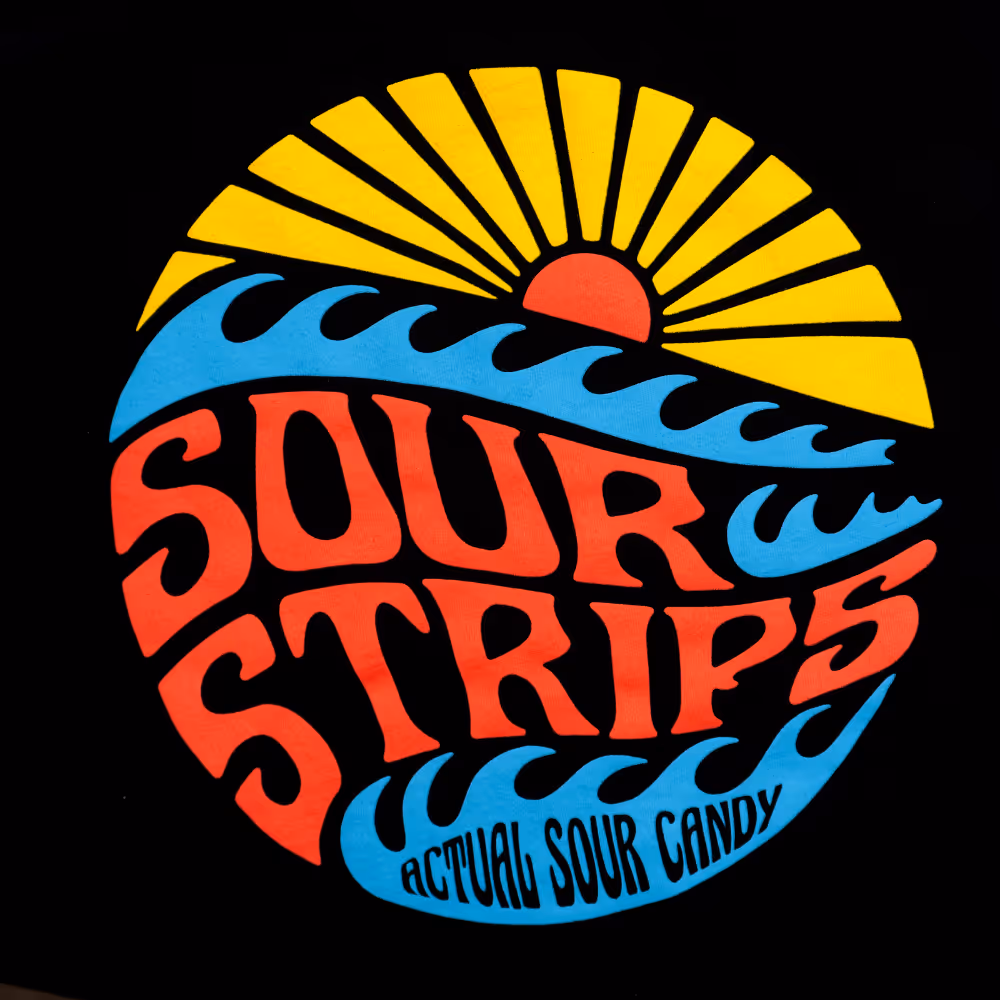 Colorful Sour Strips sunset and wave design printed on black t-shirt.