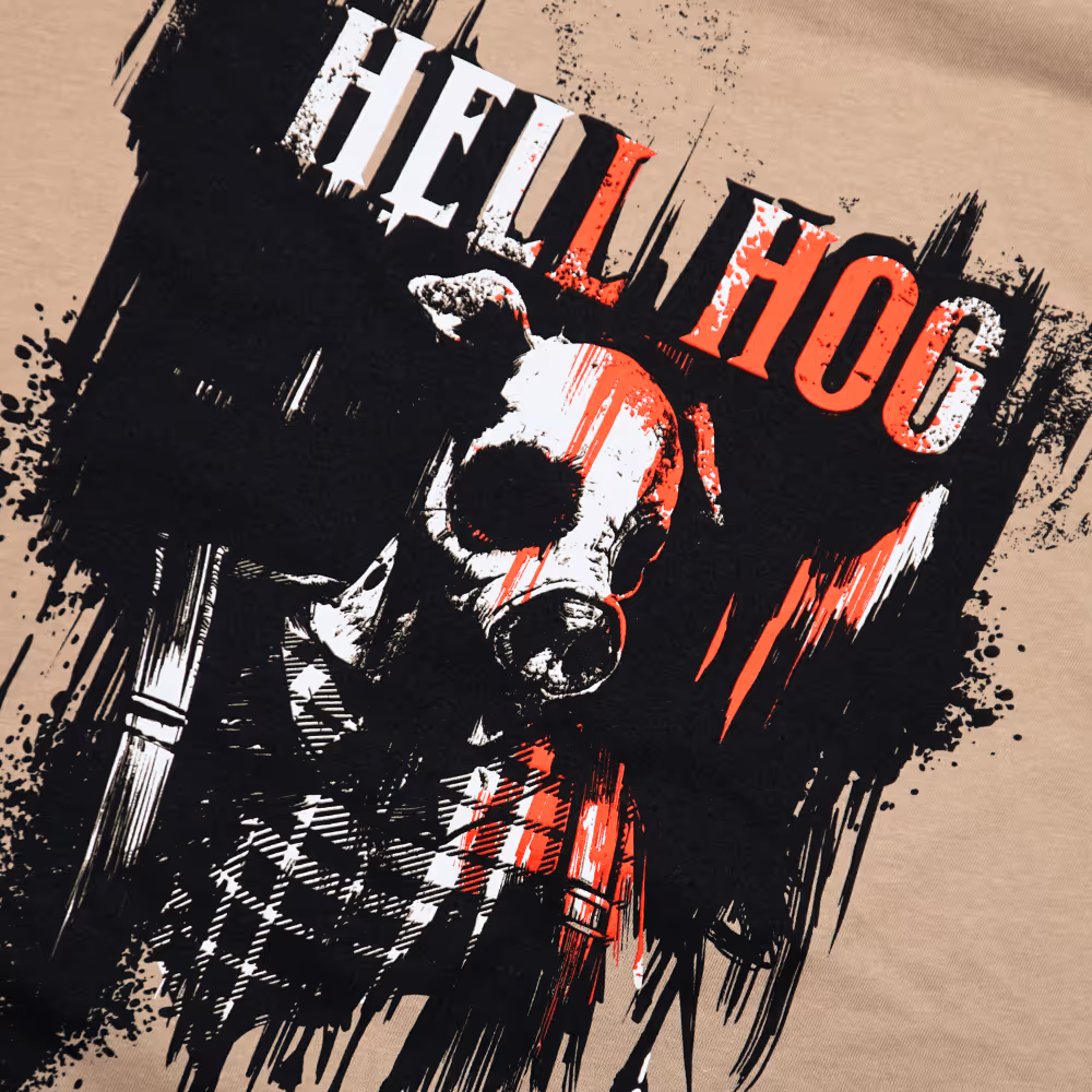 a tan shirt with a hell hog design in white, black, and red 