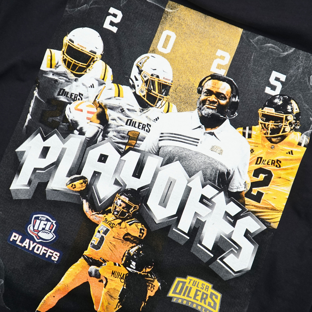 A black shirt showing the Tulsa oilers playoff design 