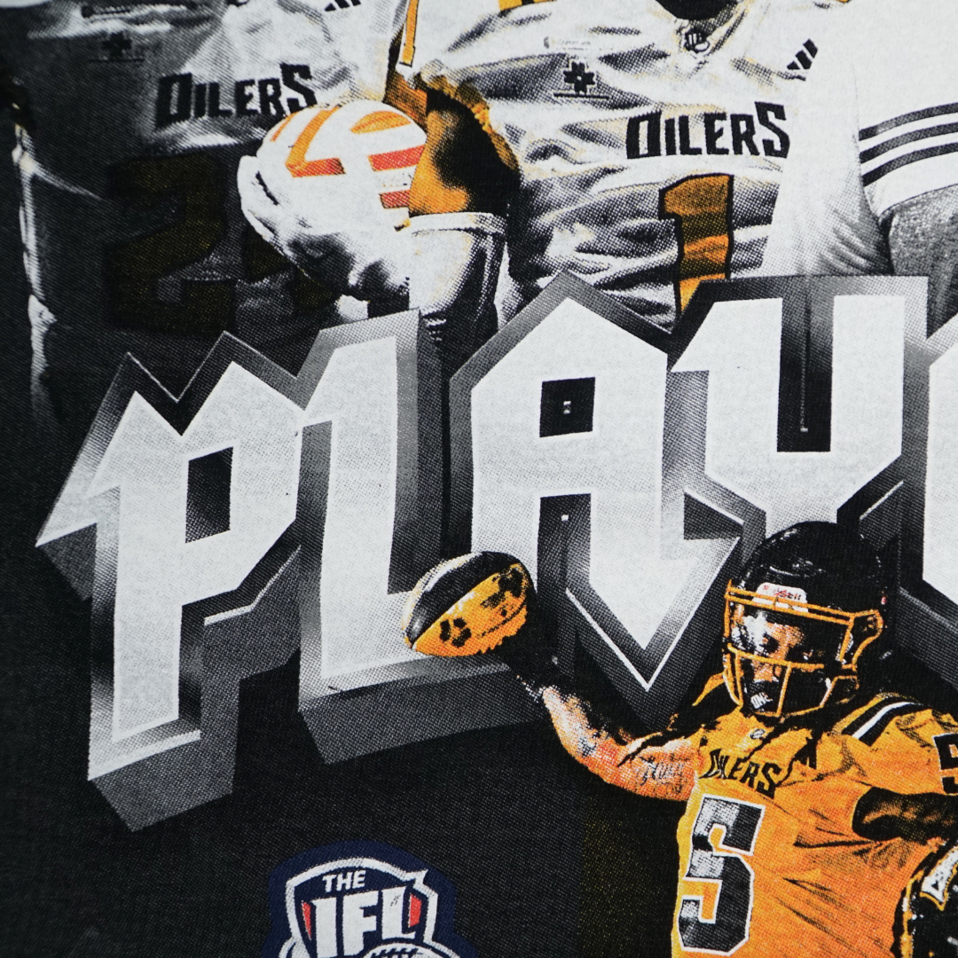 Up close shot of screen printing on Tulsa Oilers Football Playoff tshirts