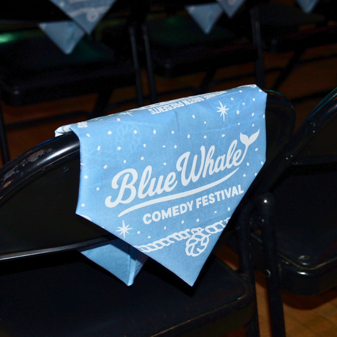 a blue whale bandana hanging on a chair