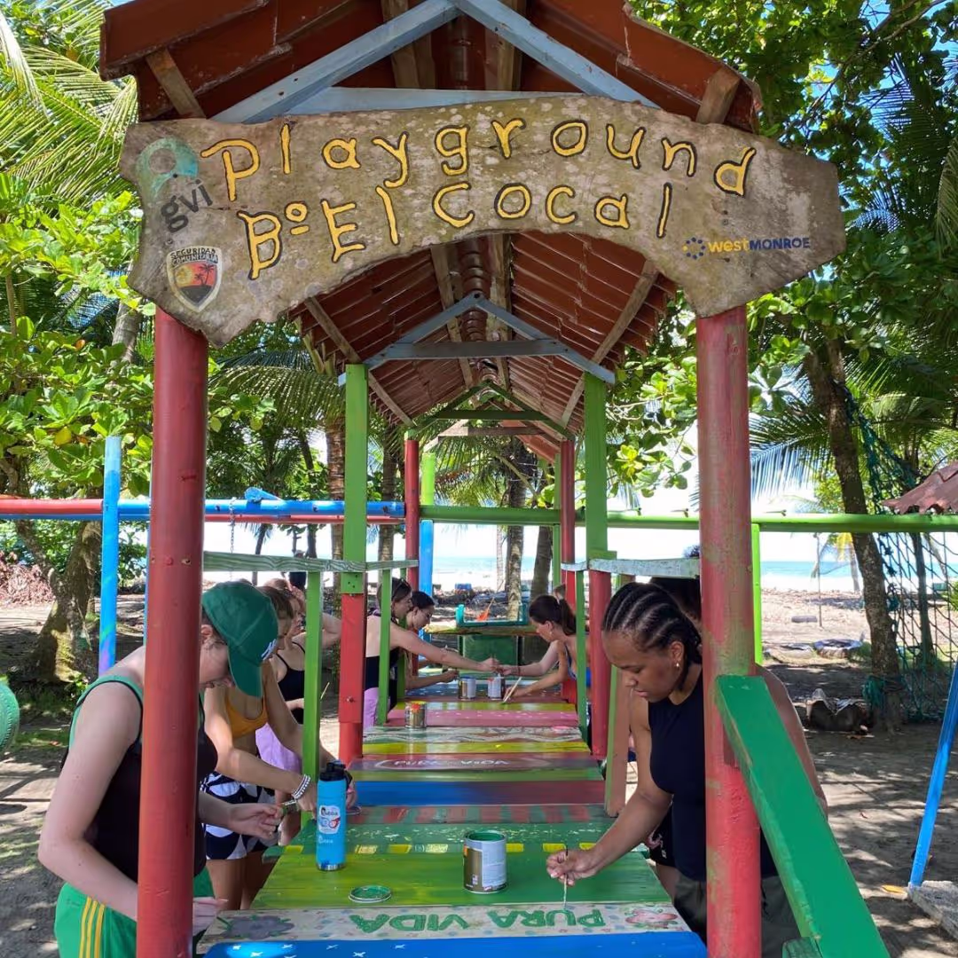 A group of young people from The Leap painting a children's playground in Costa Rica