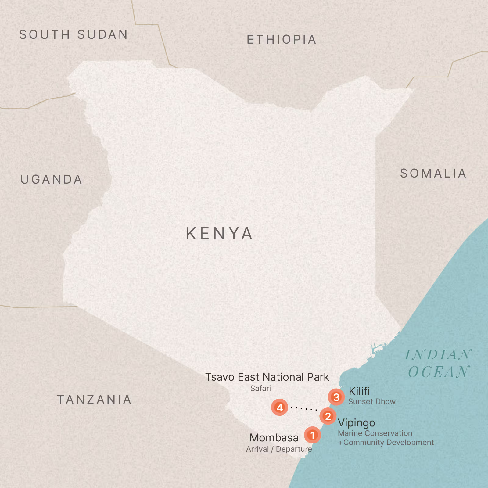 Map of Kenya showing key places from The Leap's U18 volunteering programme in Kenya, including Vipingo