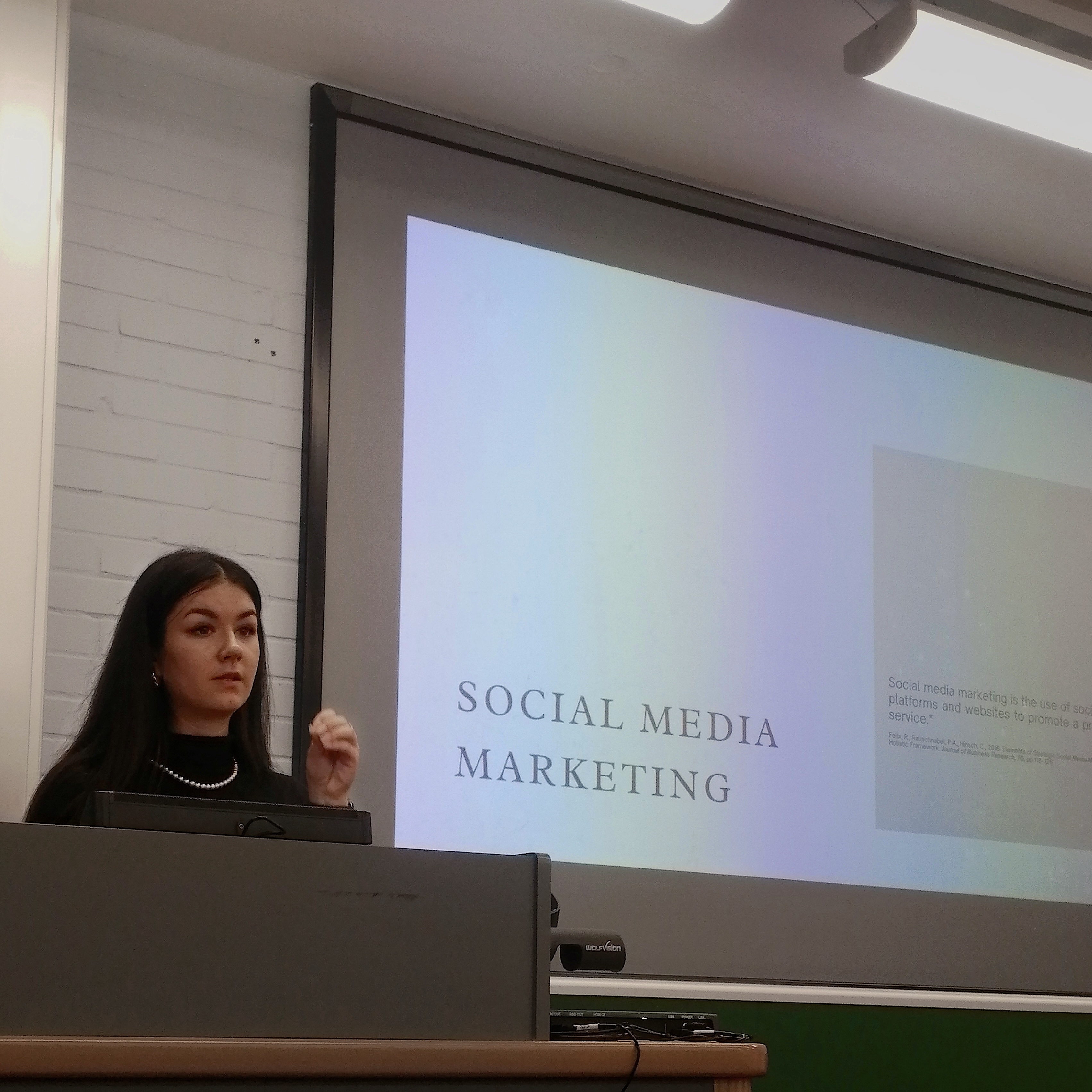 Karla giving a guest lecture at King’s College London on social media strategy, content creation, and performance analytics.
