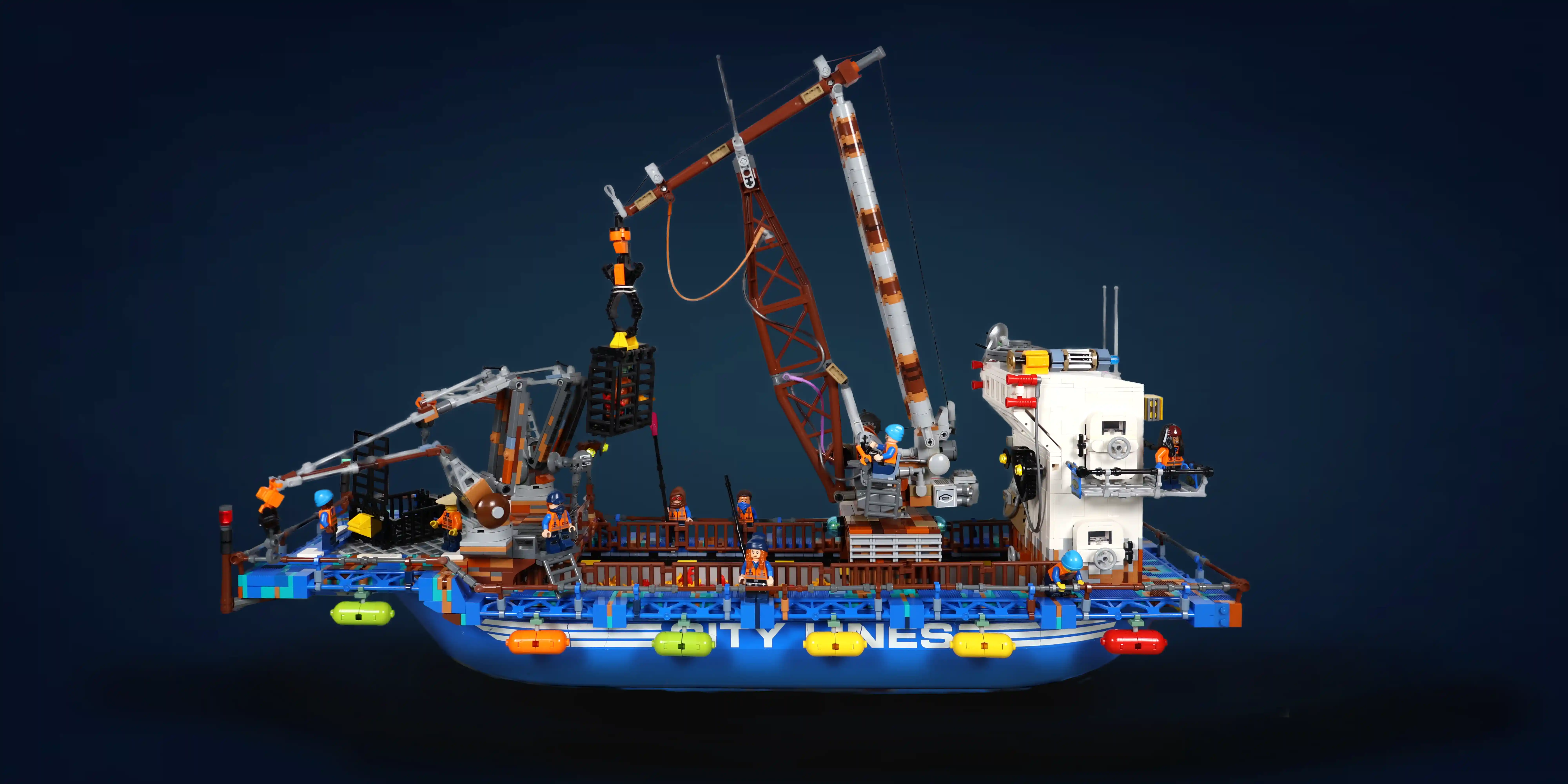 A custom LEGO model by Ben Brickson of a large crabbing boat with multiple cranes. Built for the New Hashima collaborative project.