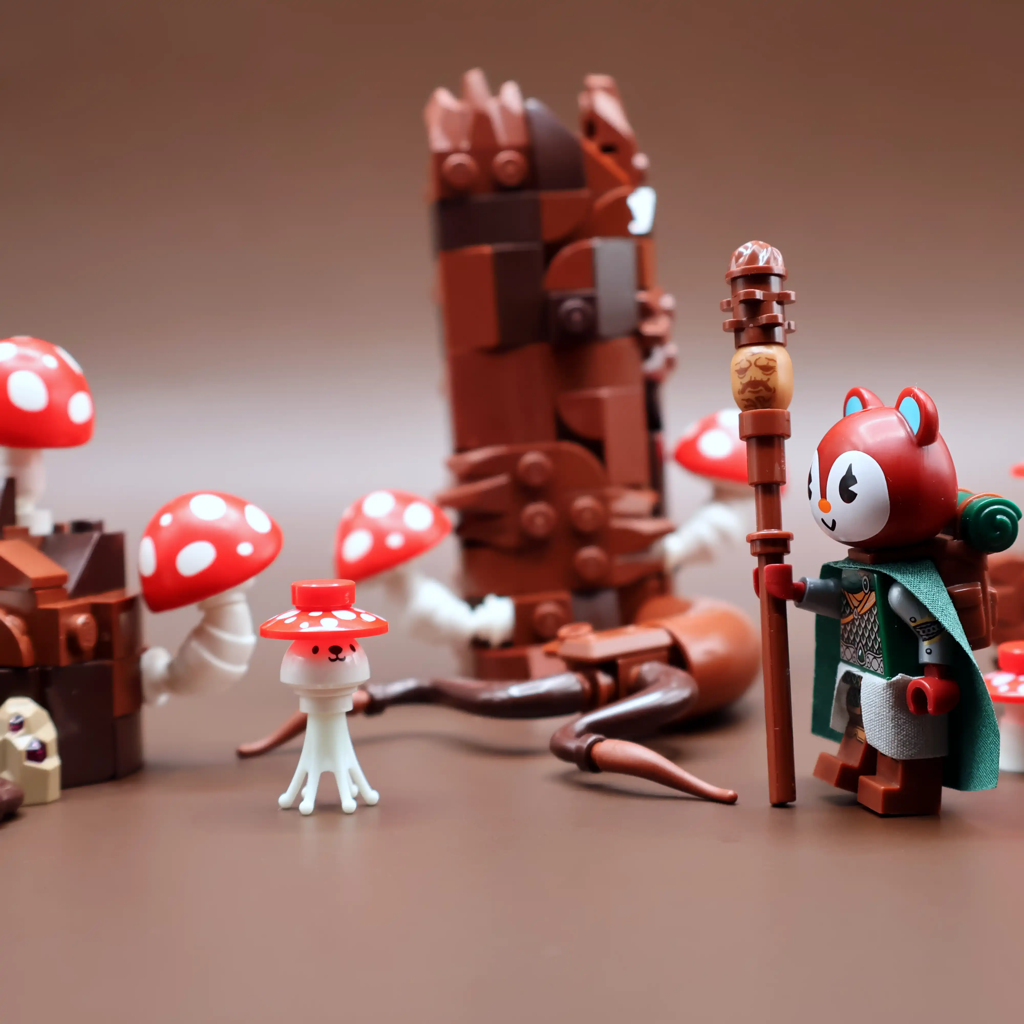 A LEGO minifigure mixed between a Dungeon & Dragons woodland ranger, and a squirrel from Animal Crossing