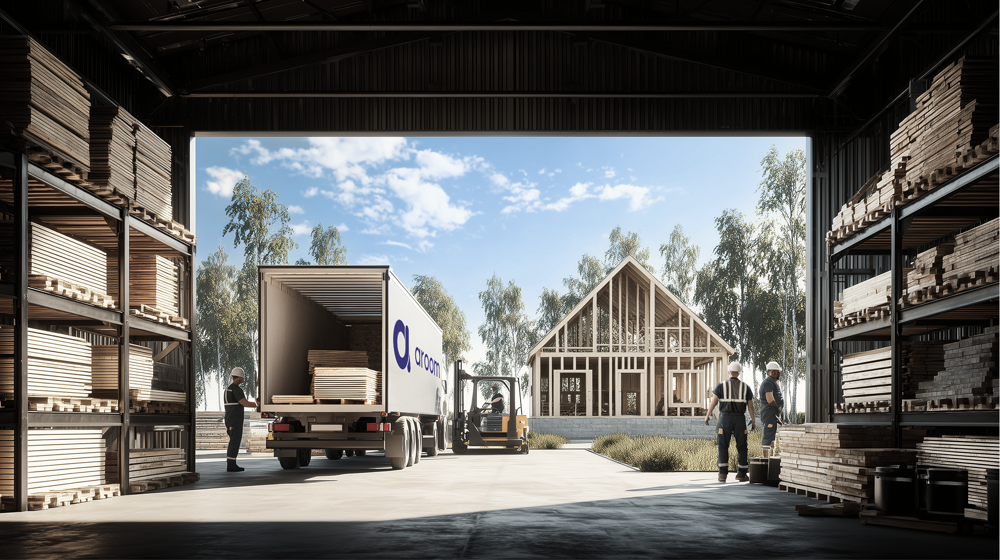 Aroom box truck is loading materials at the lumber store. There is a house construction scene at the back