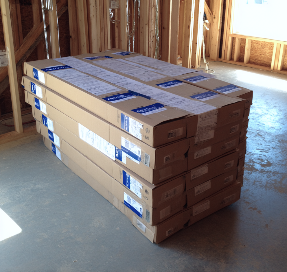 Pallet of boxed siding materials stacked inside a home under construction.