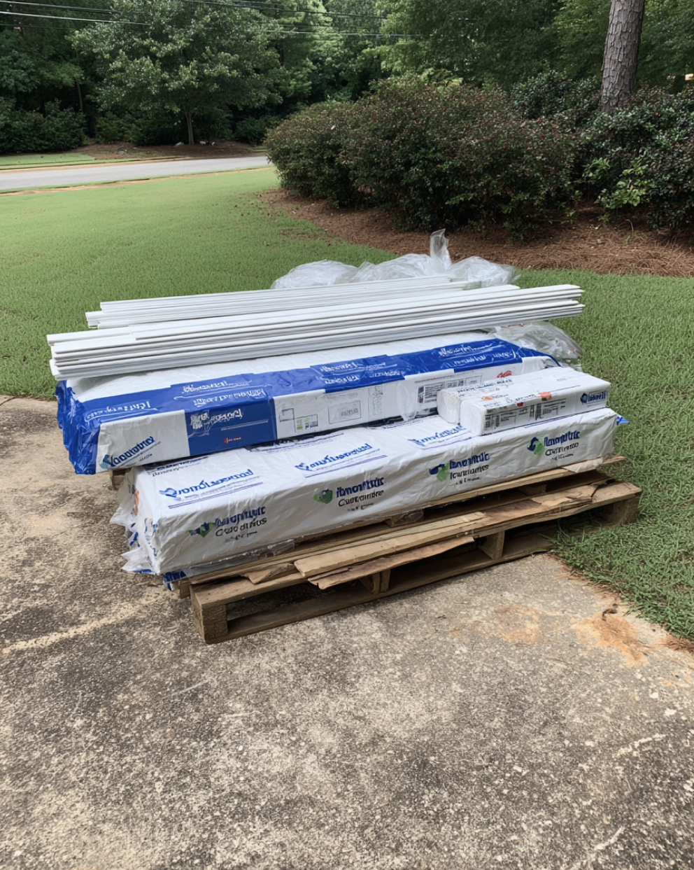 Pallet of siding materials wrapped in branded plastic packaging placed outdoors on a driveway.