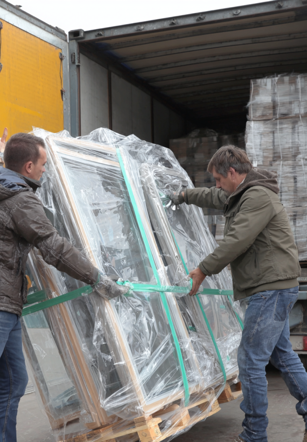 Two men unloading large windows secured with green straps from the back of a truck.