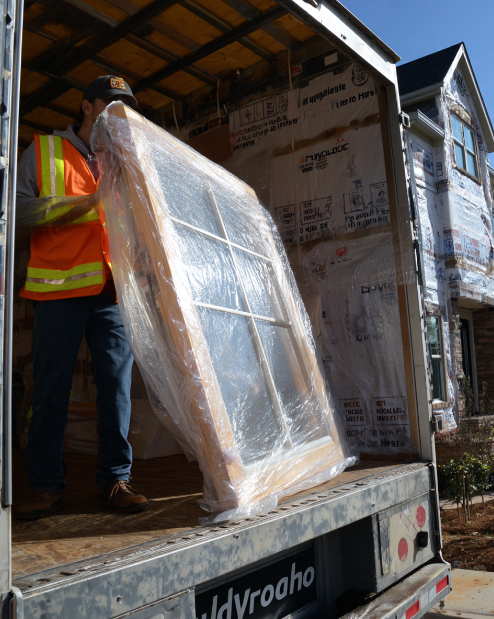 Construction worker unloading a window from the back of a delivery truck at a residential building site.