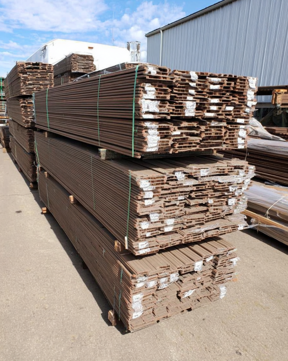 Large stacks of brown composite deck boards in warehouse yard – Multiple pallets of brown hollow-core decking boards stored outdoors in bulk.