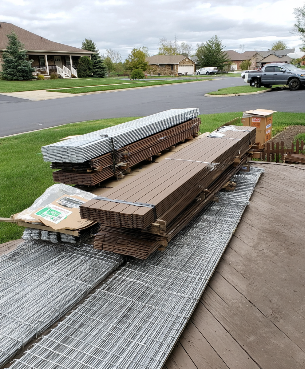 Stacked decking boards and metal fencing on driveway – Brown composite decking boards and silver wire fence panels bundled together on pallets in residential driveway.
