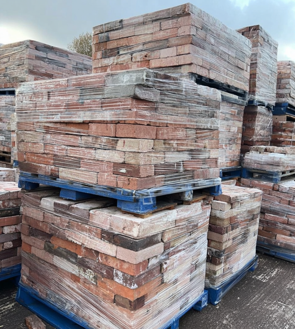 Reclaimed red clay bricks stacked on blue pallets, ideal for rustic walls, patios, and garden paths.